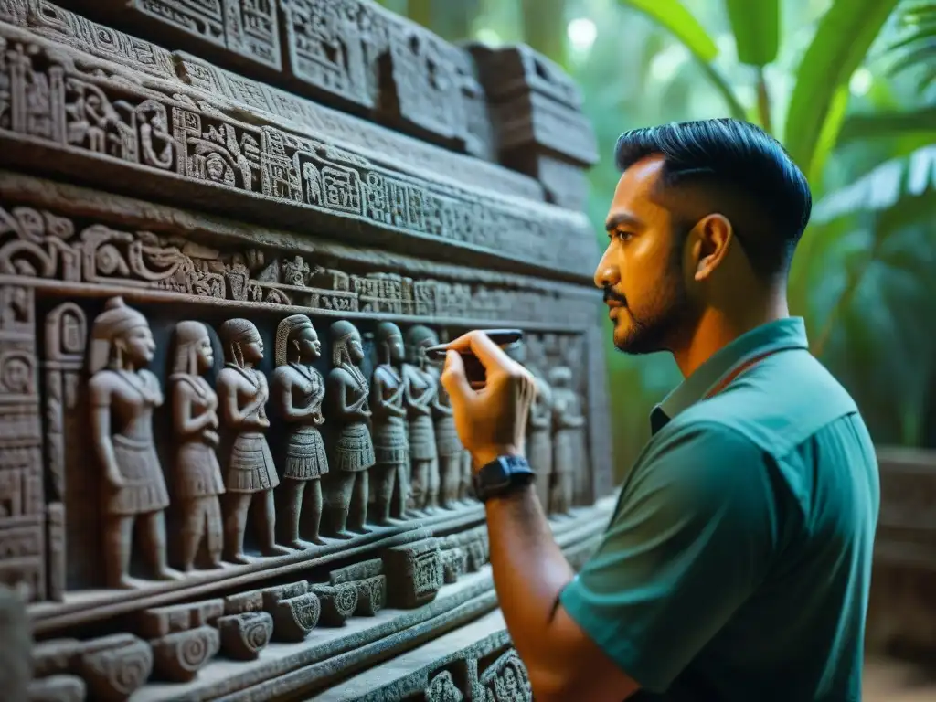 Equipo de arqueólogos preservando monumento Maya con tecnología avanzada