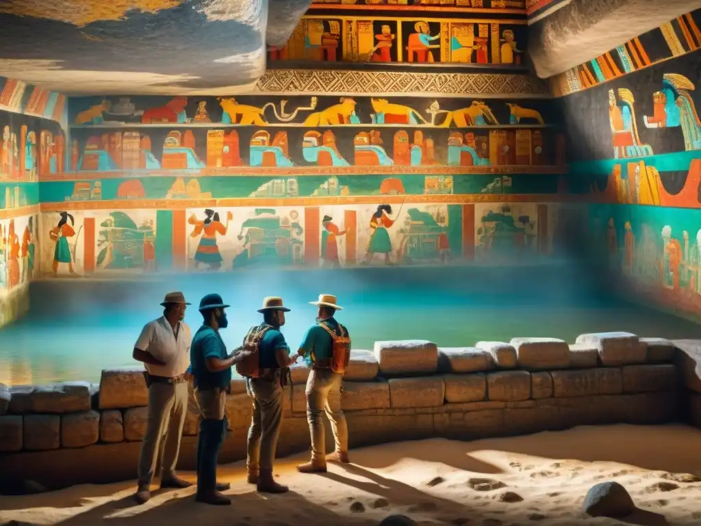 Descubriendo los misterios mayas: murales vibrantes en Bonampak Equipo de arqueólogos descubriendo murales de historia Maya en Bonampak