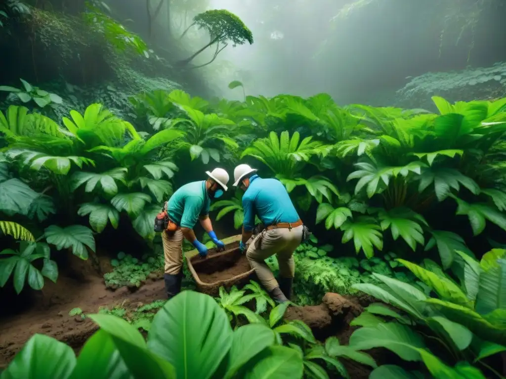 Equipo de arqueólogos excavando nuevas piezas de arte maya en la selva, detallando la interpretación