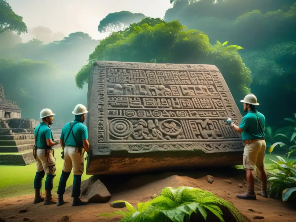 Equipo de arqueólogos descubriendo nuevos glifos mayas en una tableta de piedra, revelando historia y cultura ancestral