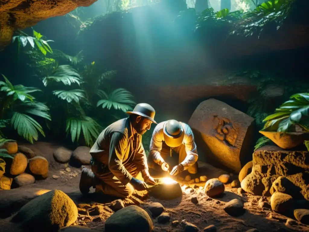 Equipo de arqueólogos descubriendo ofrendas mayas en la jungla de Guatemala