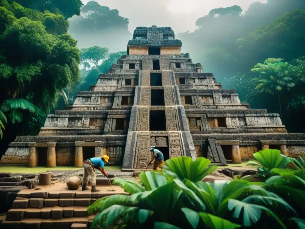 Equipo de arqueólogos protegiendo el patrimonio maya al excavar un templo, rodeados de exuberante selva