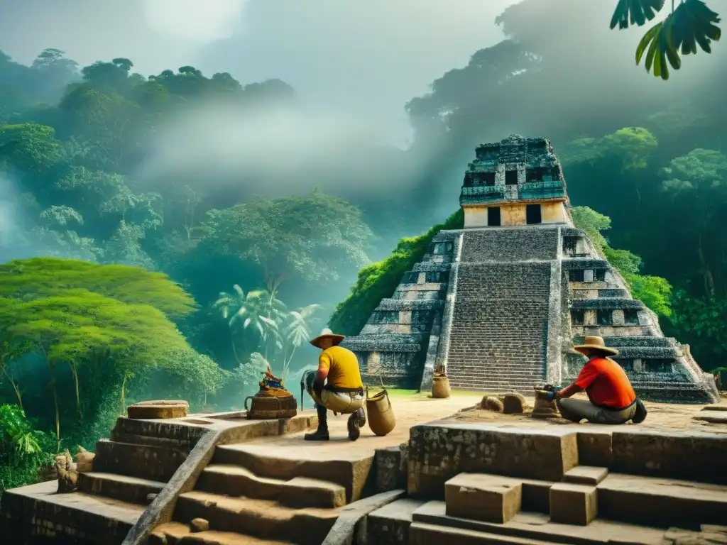 Equipo de arqueólogos protegiendo el patrimonio maya en una excavación detallada en la jungla tropical