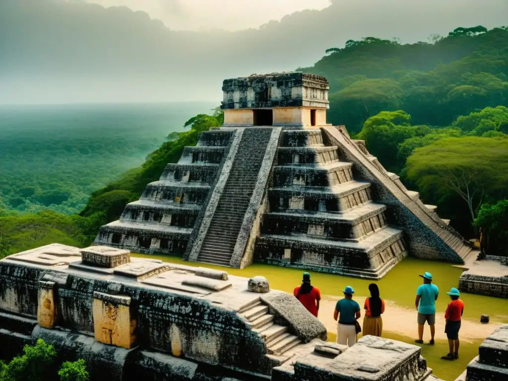 Un equipo de arqueólogos descubriendo una pieza maya en Calakmul, rodeados de naturaleza