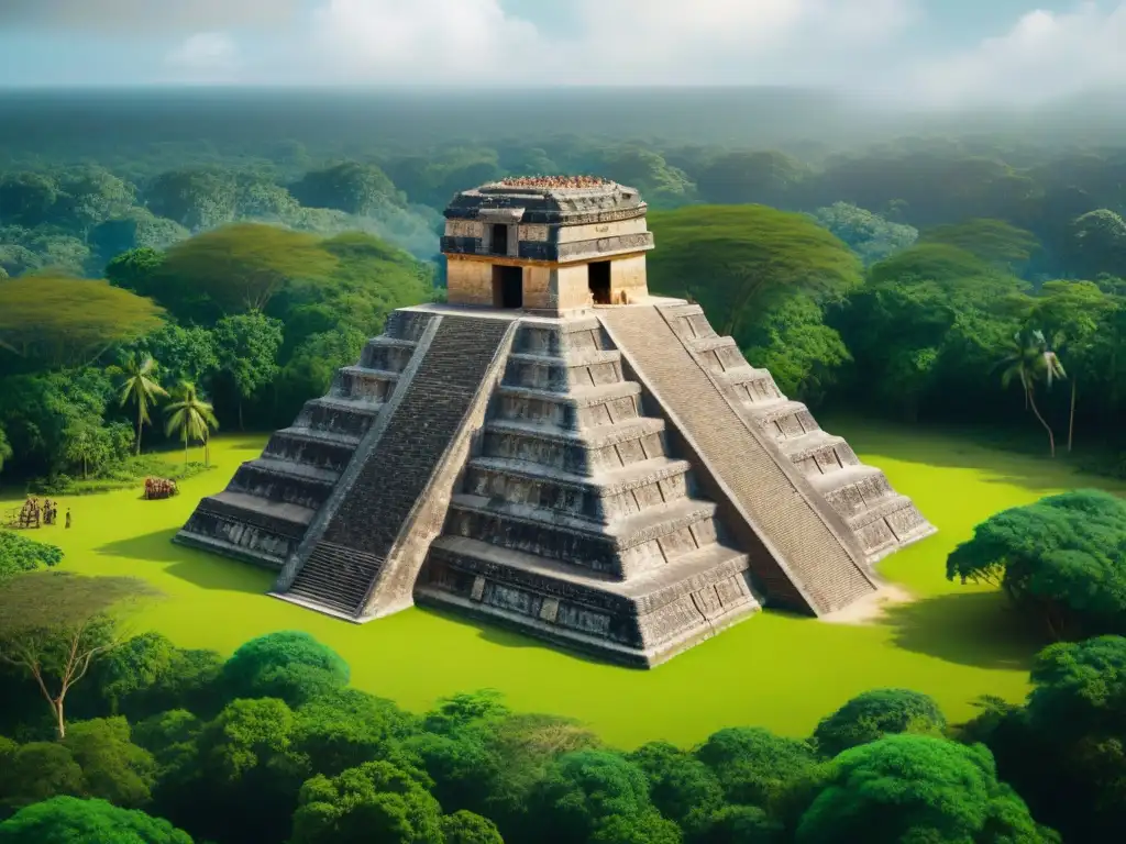 Equipo de arqueólogos excavando pirámide maya con herramientas digitales, fusionando pasado y futuro en la arqueología maya