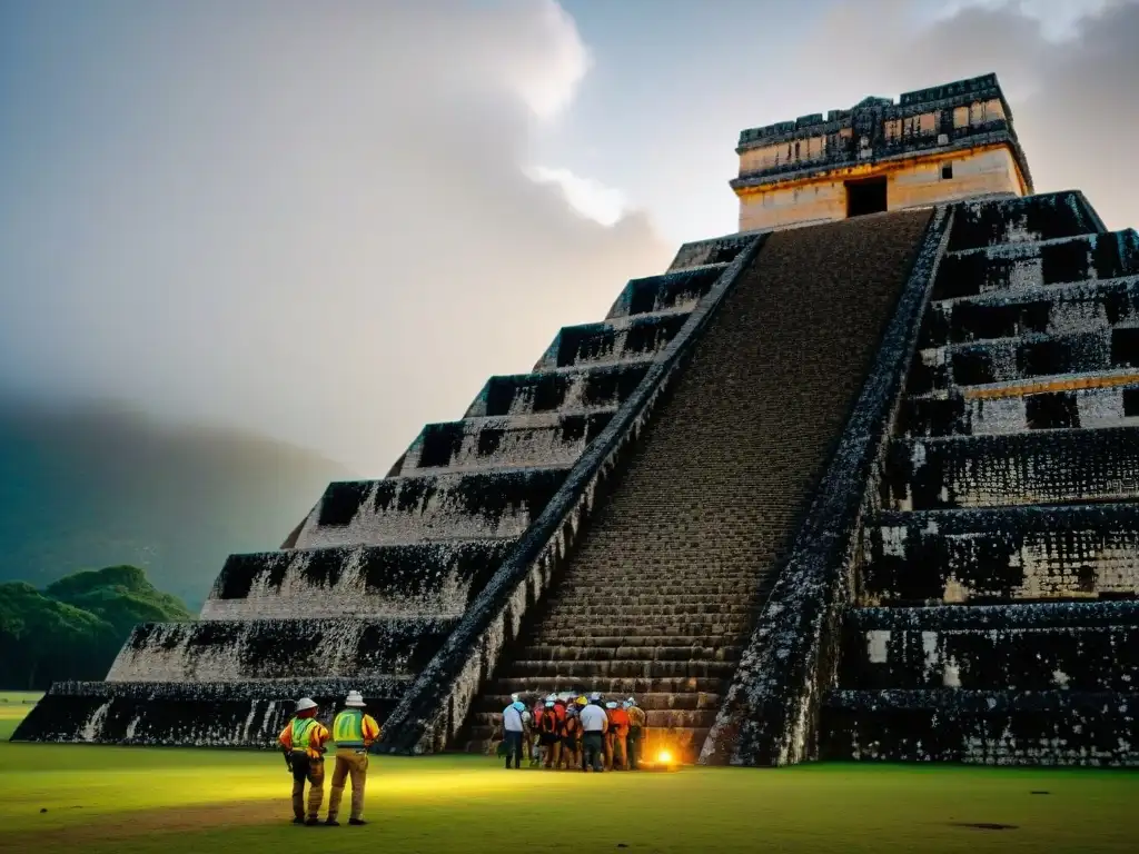 Equipo de arqueólogos iluminando pirámide maya oculta en Chichen Itzá, revelando intrincados grabados en piedra