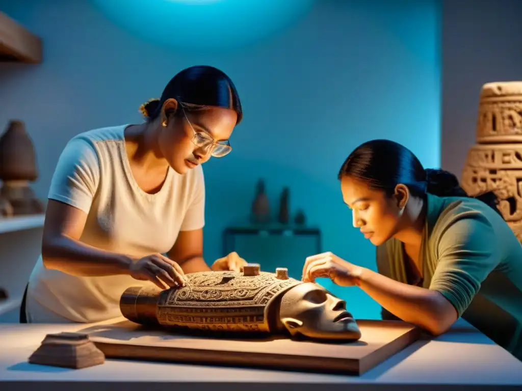 Equipo de arqueólogos reconstruyendo con precisión un artefacto maya en laboratorio