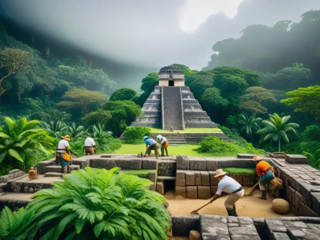 Equipo de arqueólogos excavando con precisión en sitio maya, protección patrimonio arqueológico maya