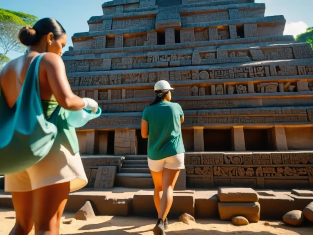 Equipo de arqueólogos restaurando con precisión un templo maya, revelando intrincadas esculturas y jeroglíficos bajo la luz solar