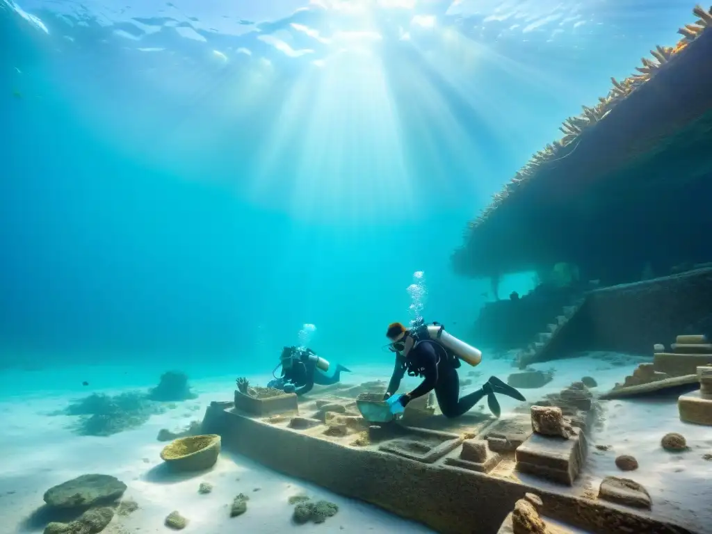 Equipo de arqueólogos explorando puertos mayas subacuáticos