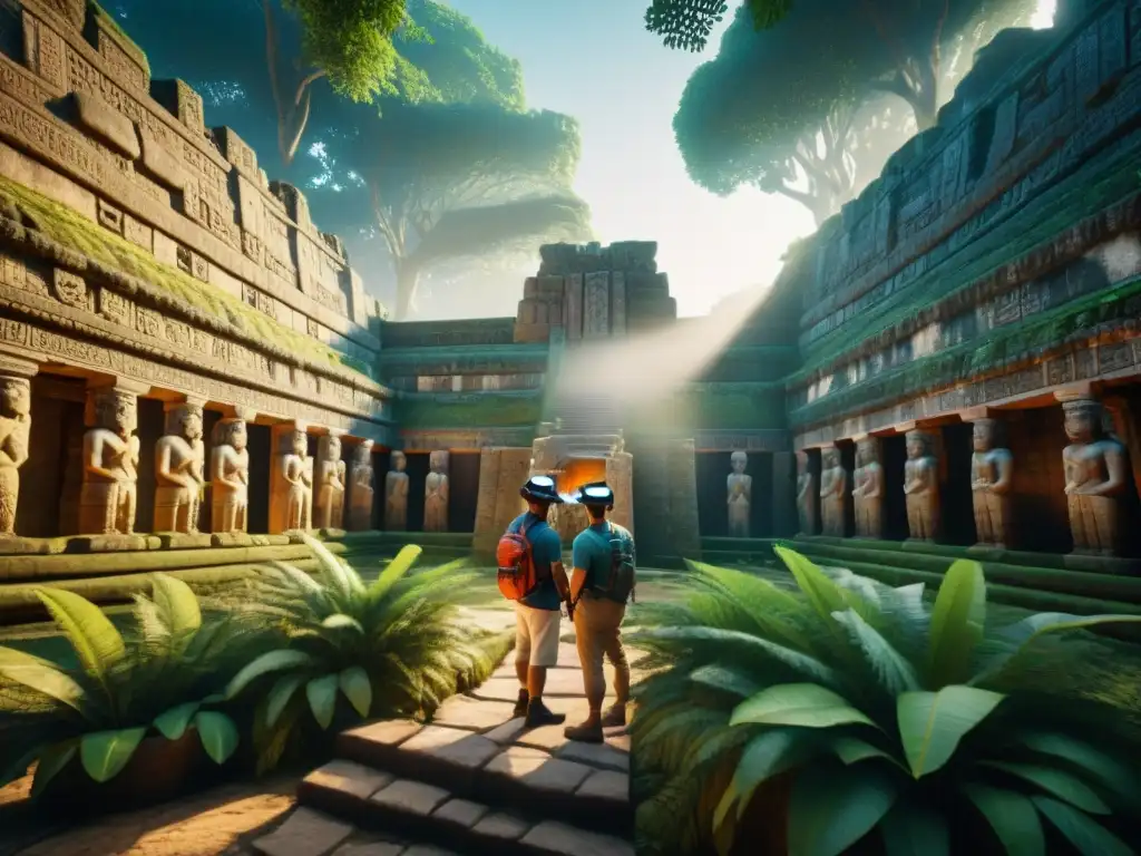 Equipo de arqueólogos usando realidad virtual en turismo maya, explorando un antiguo templo con detalles impresionantes