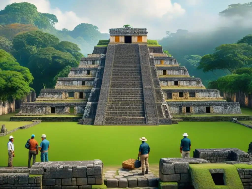 Equipo de arqueólogos en Copán, Honduras, realizando reconstrucción digital de ruinas mayas