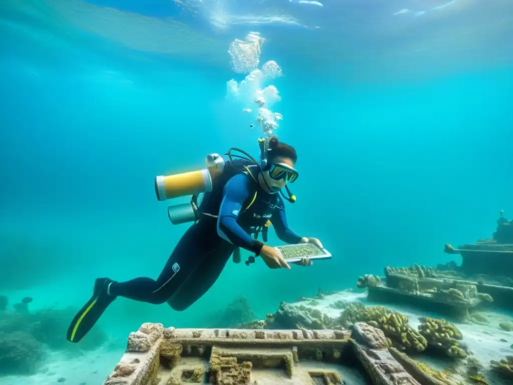 Un equipo de arqueólogos subacuáticos conserva reliquias mayas, rodeados de aguas turquesas y vida marina vibrante