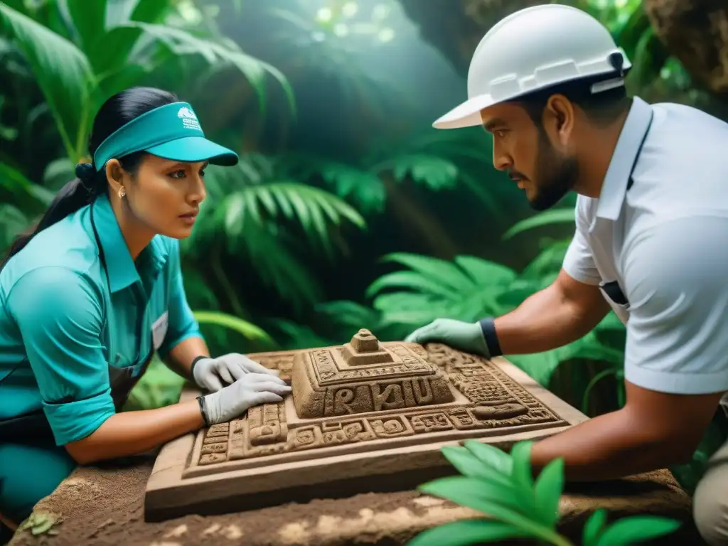 Un equipo de arqueólogos excavando una réplica maya en un sitio arqueológico rodeado de jungla, en una escena detallada y mística