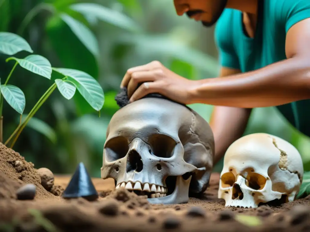 Equipo de arqueólogos excavando restos en campo de batalla maya, descubriendo artefactos antiguos