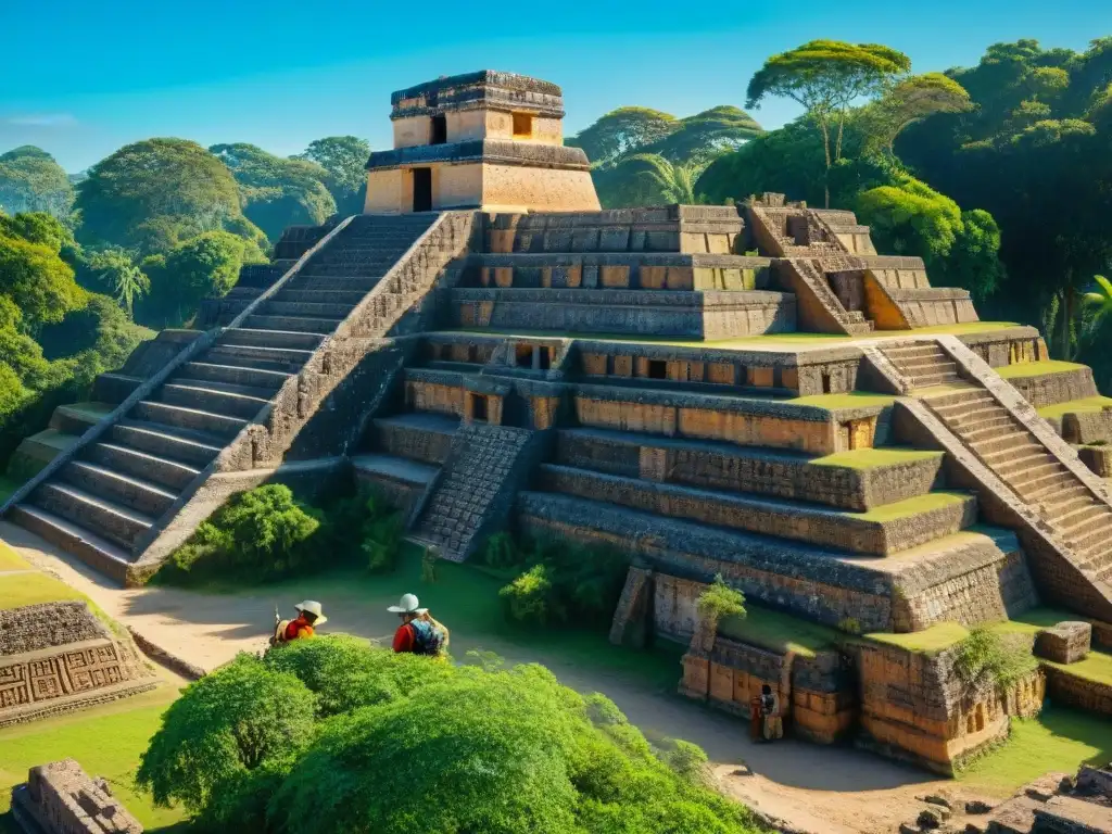 Equipo de arqueólogos preservando ruinas mayas con detalle, rodeados de exuberante vegetación bajo cielo azul