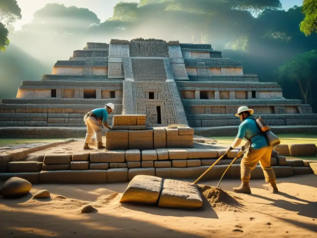 Equipo de arqueólogos preservando ruinas mayas hoy, desenterrando tesoros ancestrales al amanecer