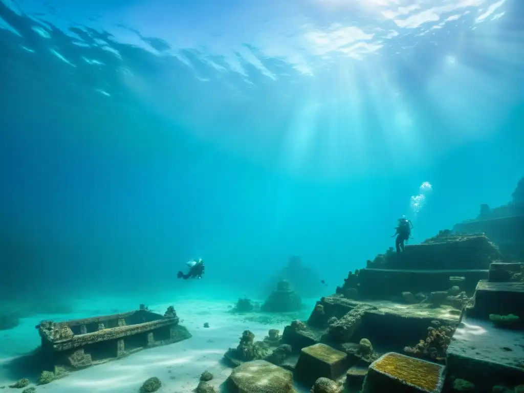 Equipo de arqueólogos explorando ruinas mayas en cuevas subacuáticas