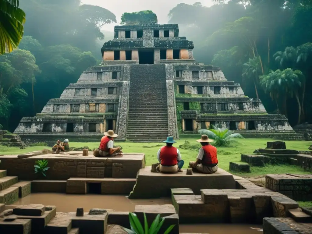 Equipo de arqueólogos excavando ruinas mayas en la jungla de El Zotz