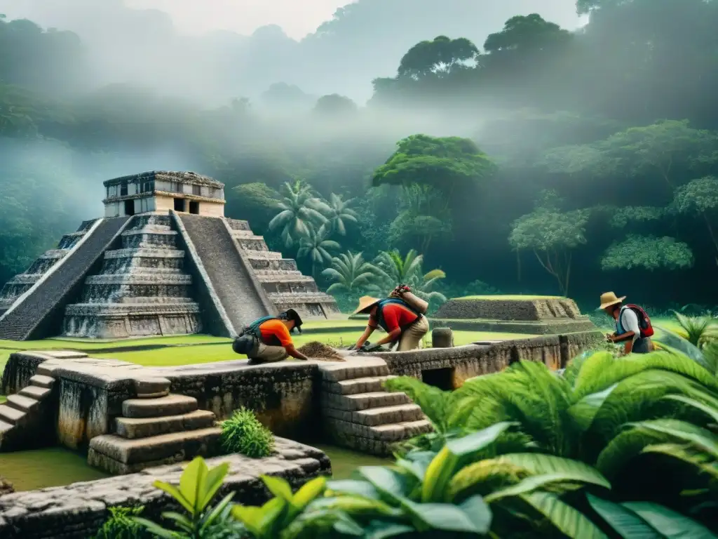 Equipo de arqueólogos excavando ruinas mayas en la selva