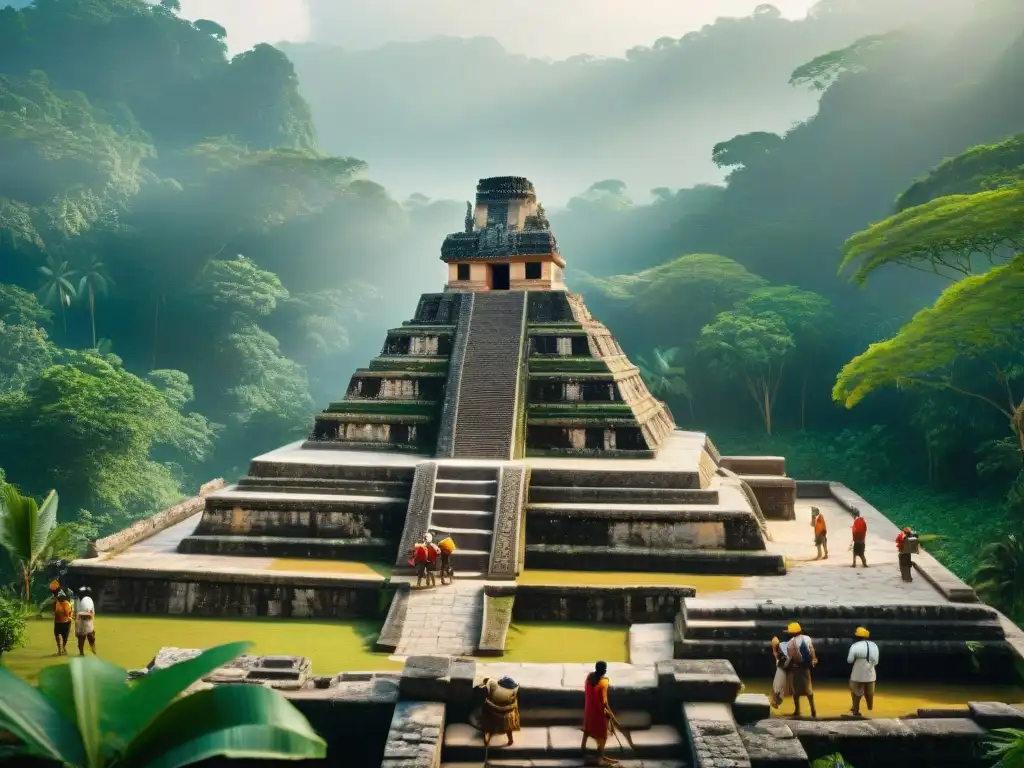 Un equipo de arqueólogos excava ruinas mayas en la selva tropical, destacando la educación maya interactiva 3D