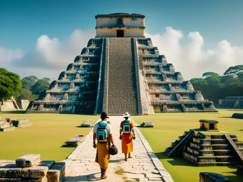 Equipo de arqueólogos utilizando tecnología 3D en Chichén Itzá para reconstruir ruinas mayas