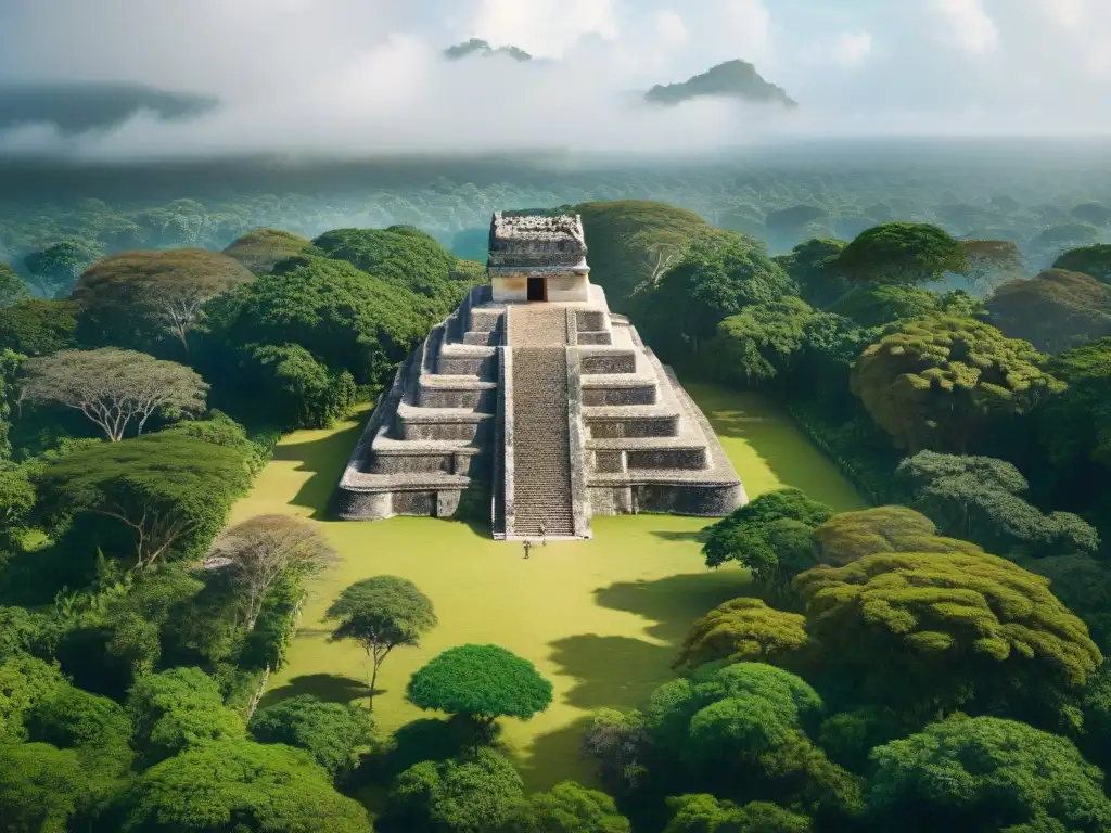 Equipo de arqueólogos escaneando ruinas mayas con tecnología de Reconstrucción 3D en la selva exuberante