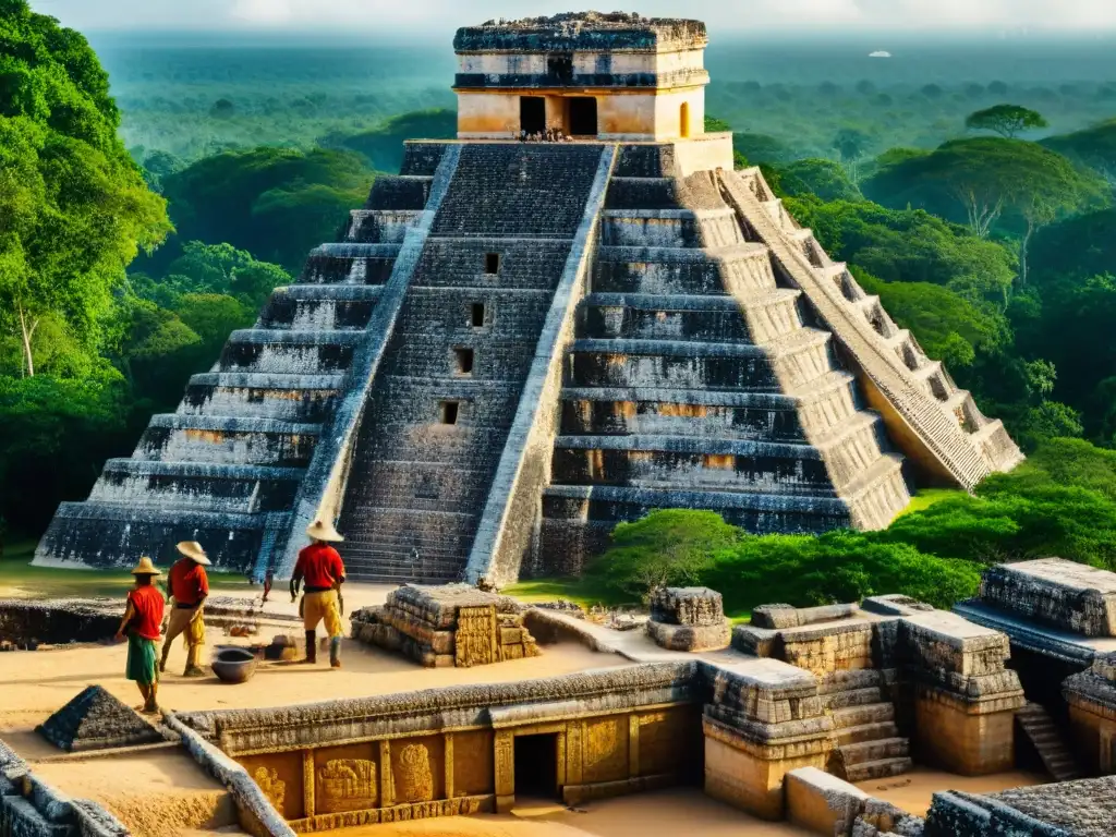 Equipo de arqueólogos excavando ruinas mayas en Cobá, con la pirámide Nohoch Mul al fondo