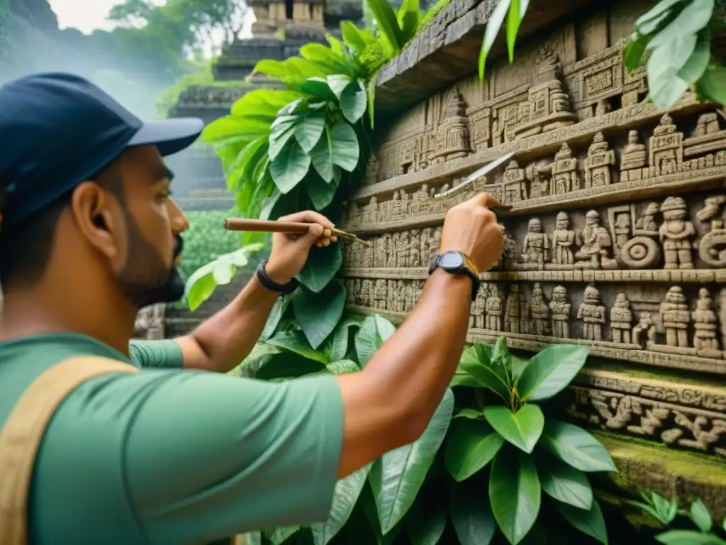 Equipo de arqueólogos restaurando ruinas mayas con herramientas especializadas en la selva