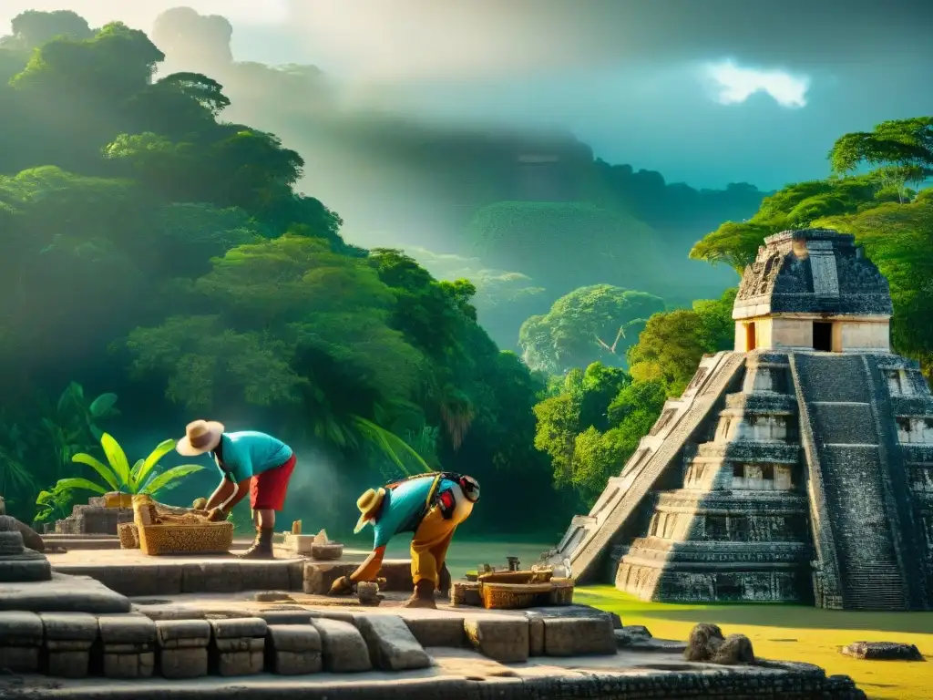 Equipo de arqueólogos preservando ruinas mayas hoy bajo el sol vibrante de la jungla