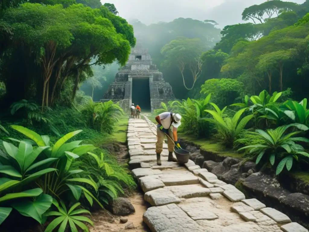 Equipo de arqueólogos conservando un sacbe maya bajo el sol de Yucatán