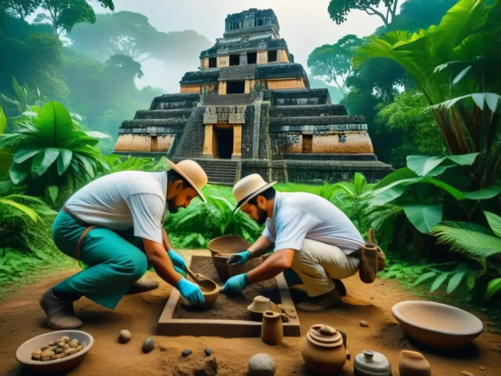 Equipo de arqueólogos excavando en selva maya, resaltando la importancia del financiamiento proyectos conservación cultura maya