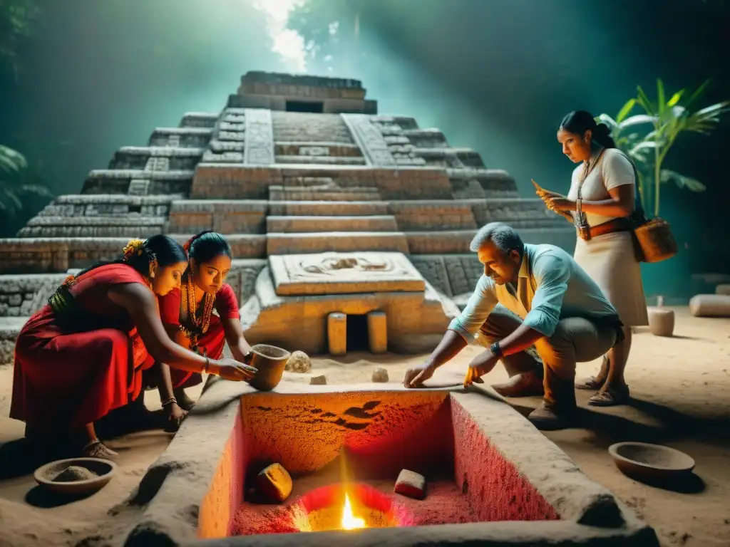 Equipo de arqueólogos excavando un sitio funerario maya, fusionando historia y descubrimiento