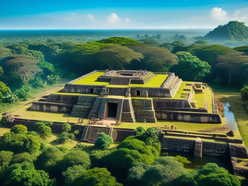 Equipo de arqueólogos excavando sitio maya, rodeado de vegetación, bajo cielo azul