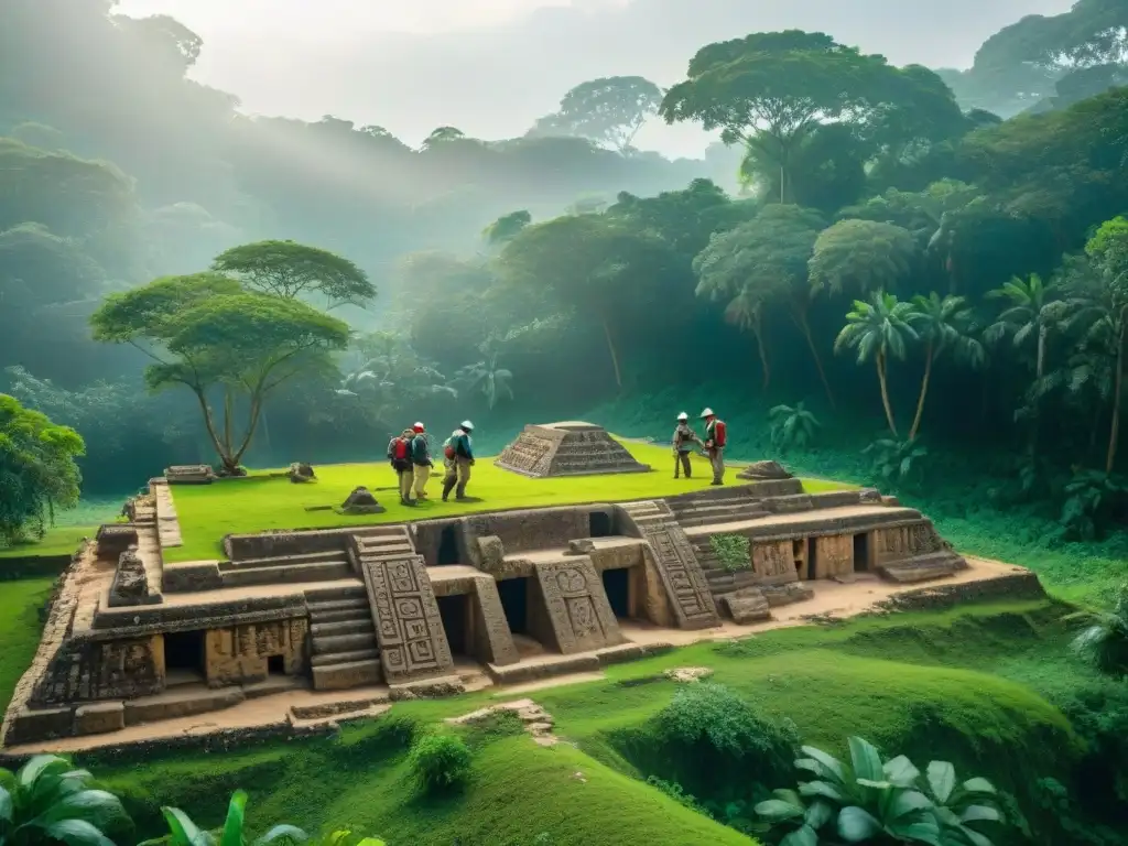 Excavación arqueológica maya: exploración detallada en la jungla Equipo de arqueólogos excava sitio maya, documentando hallazgos en la selva