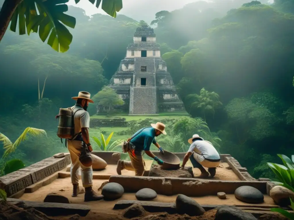 Equipo de arqueólogos excavando meticulosamente un sitio arqueológico maya en la selva, destacando la protección del patrimonio arqueológico maya