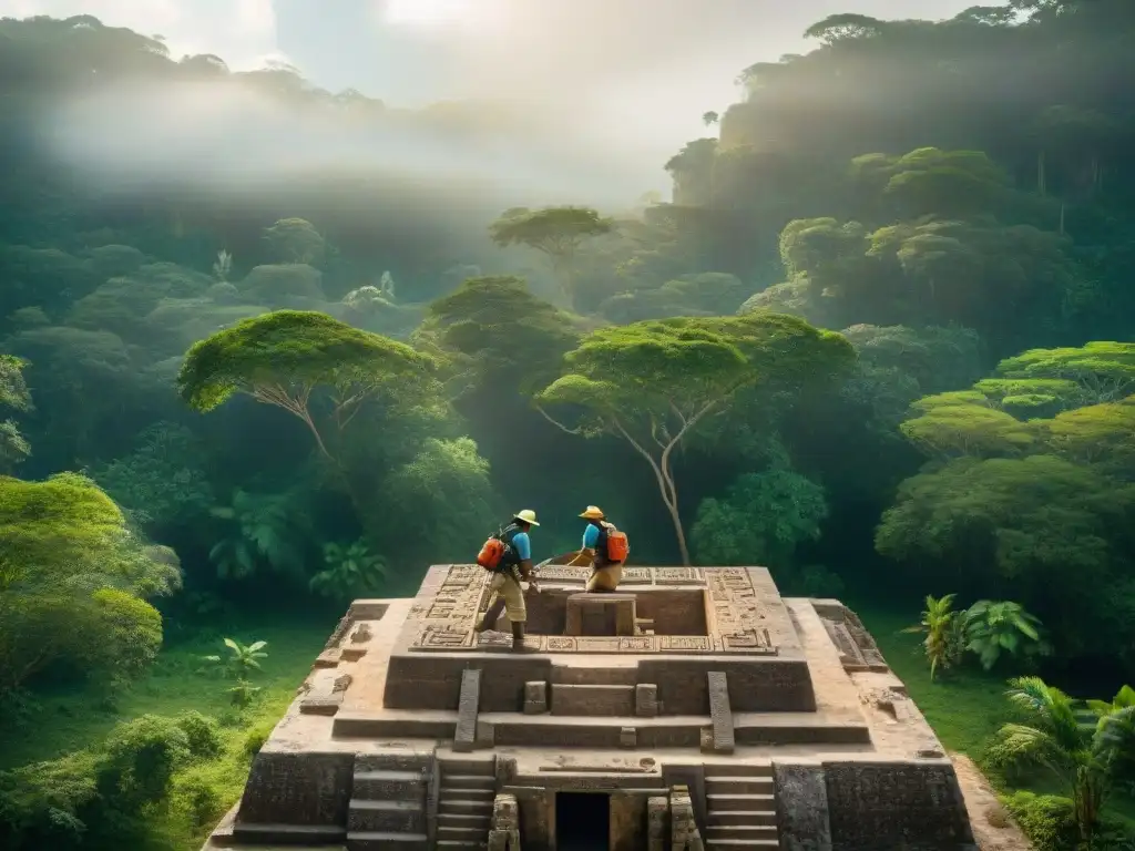 Equipo de arqueólogos preservando un sitio maya, desenterrando tallas en piedra bajo la selva