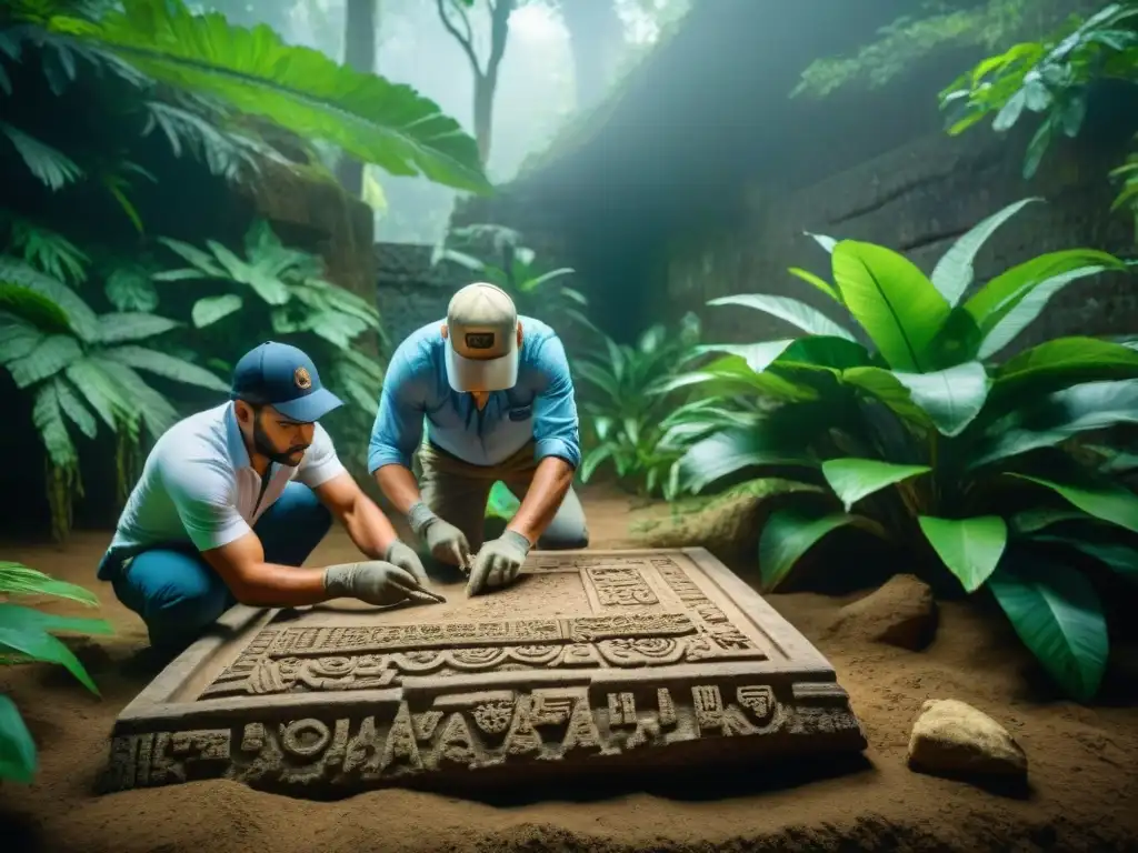 Equipo de arqueólogos excavando sitio maya, revelando artefactos que iluminan los Orígenes mayas fuentes arqueológicas