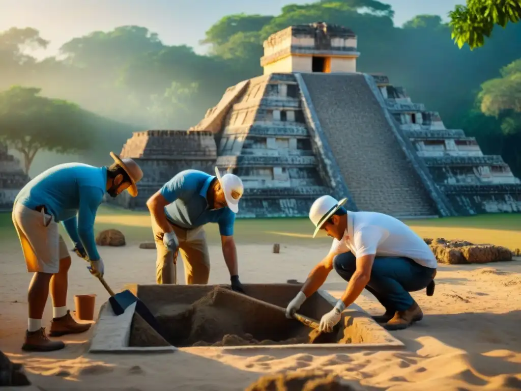 Equipo de arqueólogos excavando sitio maya con tecnología y réplicas mayas educativas digitales