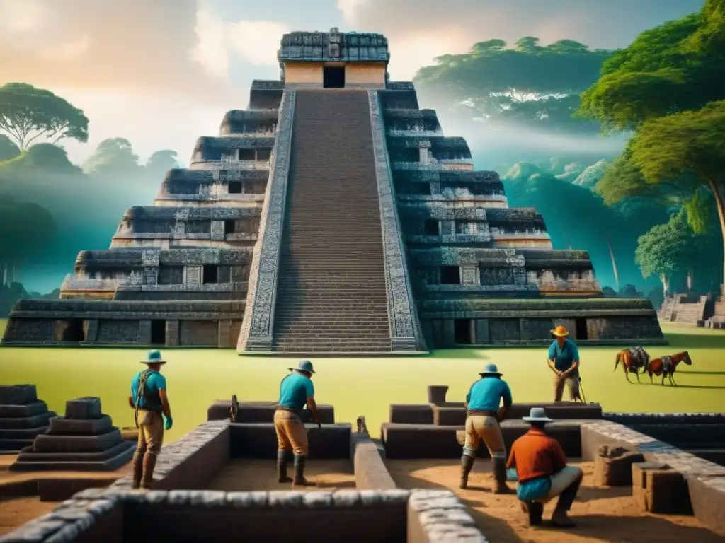 Equipo de arqueólogos excavando un sitio maya con software de reconstrucción 3D