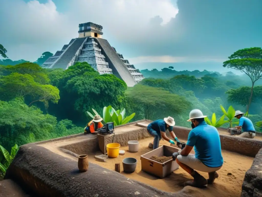 Un equipo de arqueólogos excava meticulosamente un sitio arqueológico maya con tecnología GIS