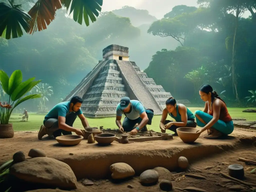 Un equipo de arqueólogos excavando un sitio maya, rodeados de restos antiguos y vegetación exuberante