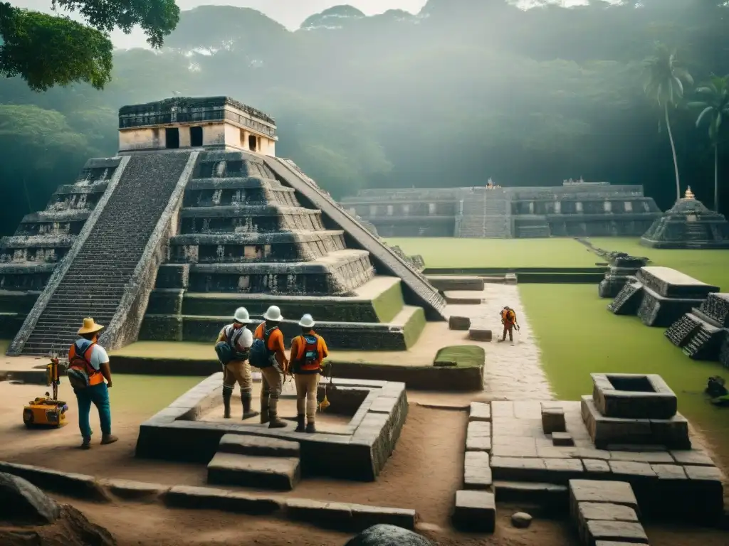 Un equipo de arqueólogos excavando minuciosamente un sitio de templo maya con tecnología avanzada