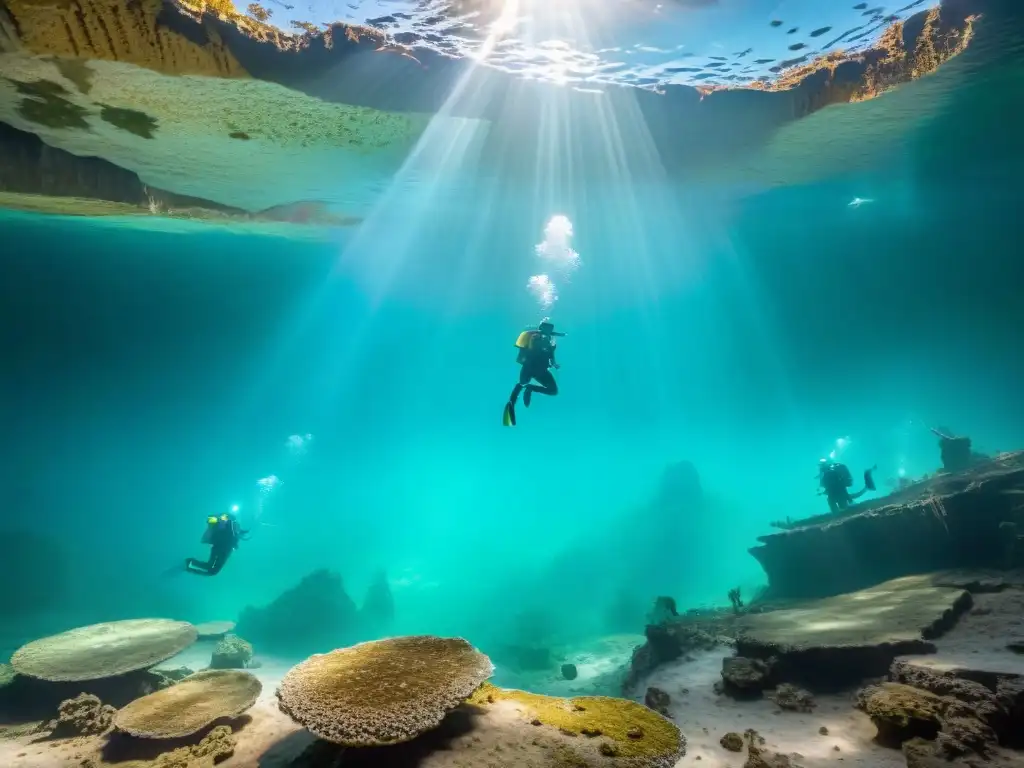 Equipo de arqueólogos subacuáticos excavando artefactos mayas en un cenote cristalino