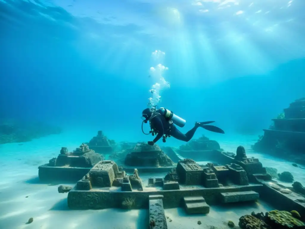 Equipo de arqueólogos subacuáticos excavando restos de la civilización maya en el lecho marino, con el océano de fondo