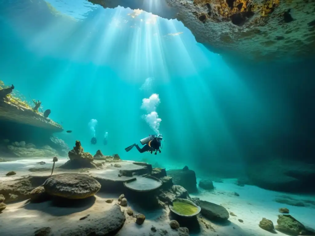 Equipo de arqueólogos subacuáticos excavando tesoros mayas en cenote de México