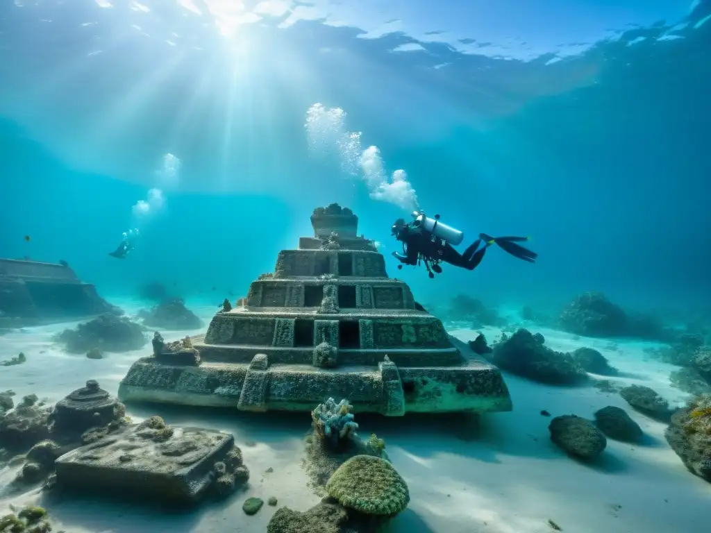 Equipo de arqueólogos submarinos excavando artefacto maya bajo el mar