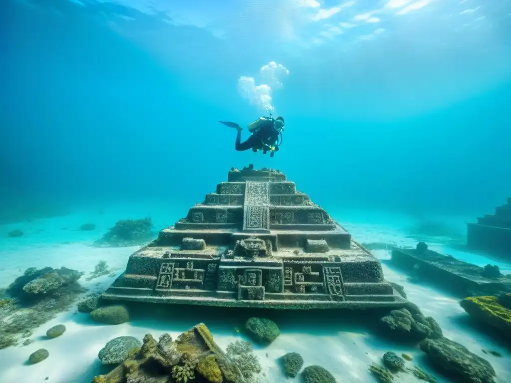 Equipo de arqueólogos submarinos excavando un artefacto maya en aguas turquesa