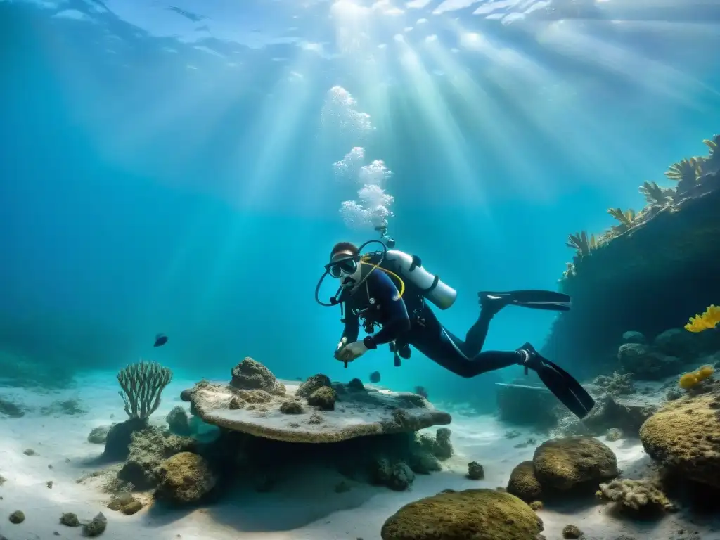 Equipo de arqueólogos submarinos descubriendo artefacto maya en cenote