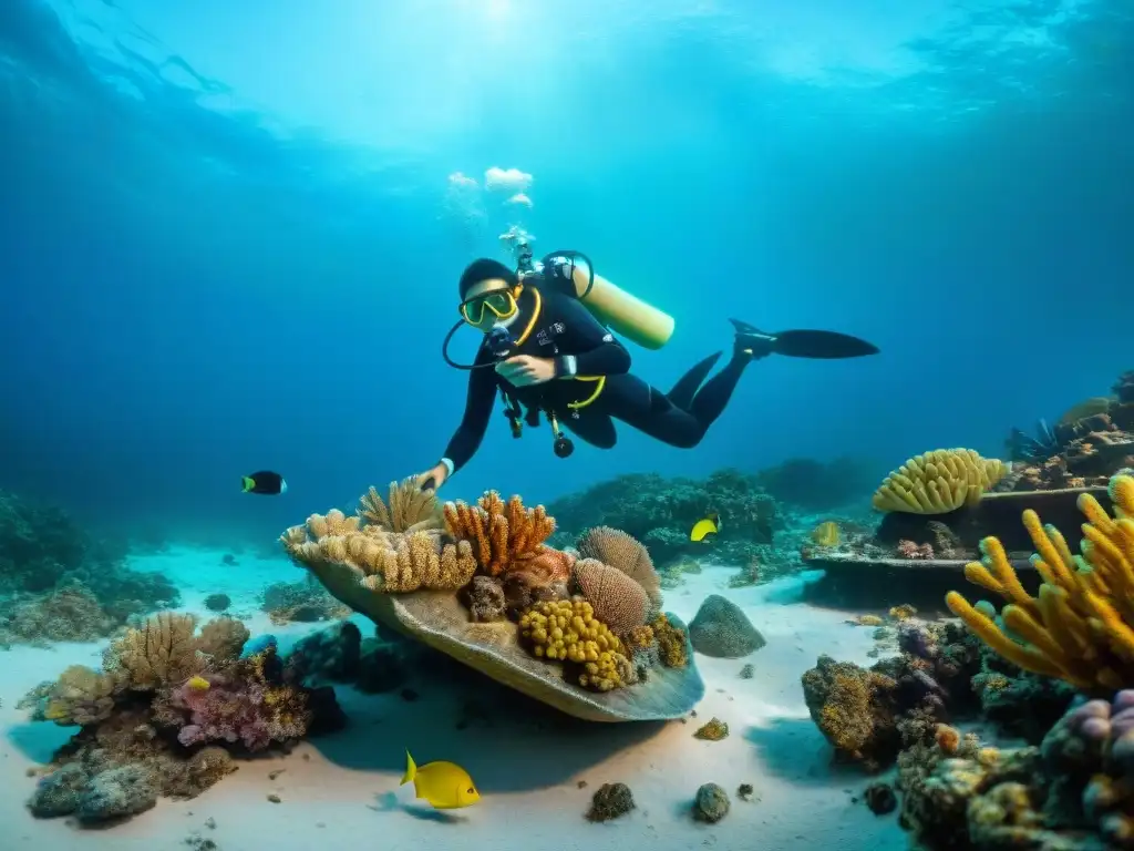 Equipo de arqueólogos submarinos excavando artefactos mayas bajo el mar, rodeados de peces y corales vibrantes